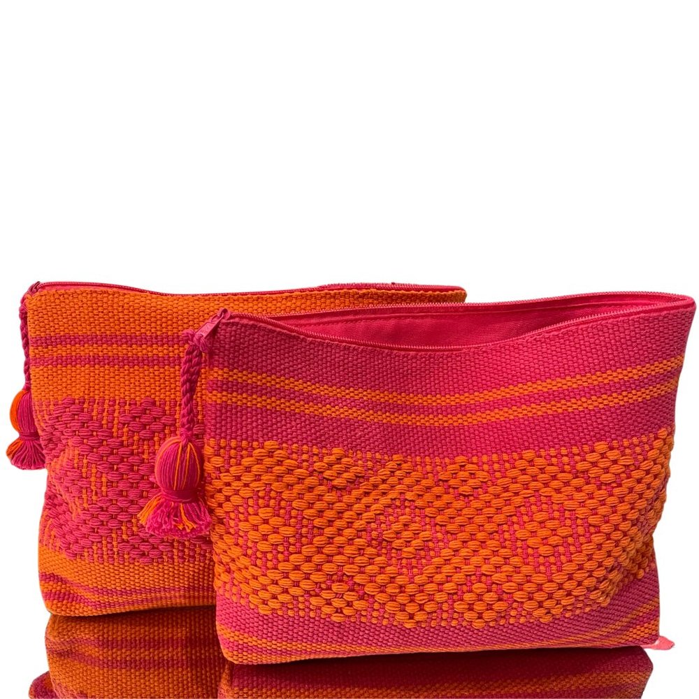 2-PACK SET HANDWOVEN PINK & ORANGE MAKE UP ACCESSORY BAGS 100% COTTON EXTERIOR